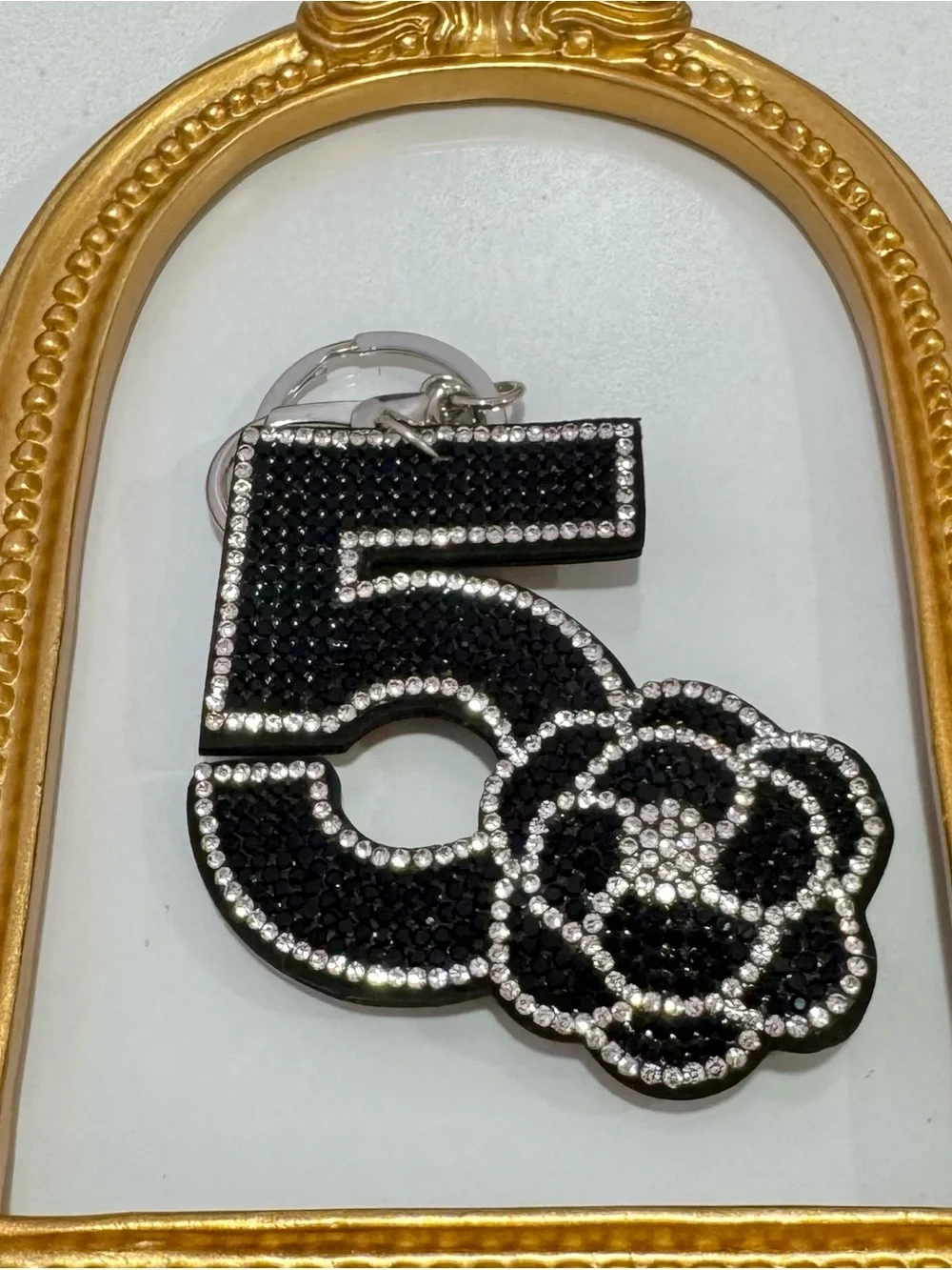 New Rhinestone Number 5 Keychain with Floral Accent - Black